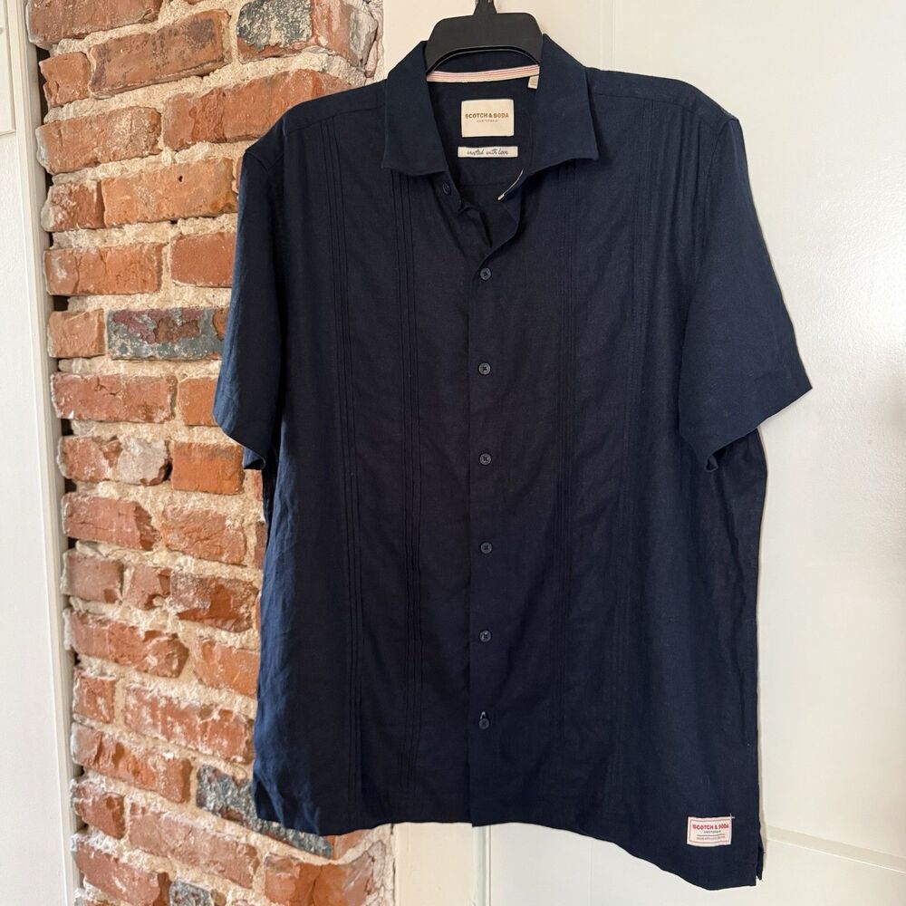 Scotch & Soda Men’s L Navy Blue Linen Blend Guayabera Short Sleeve Shirt